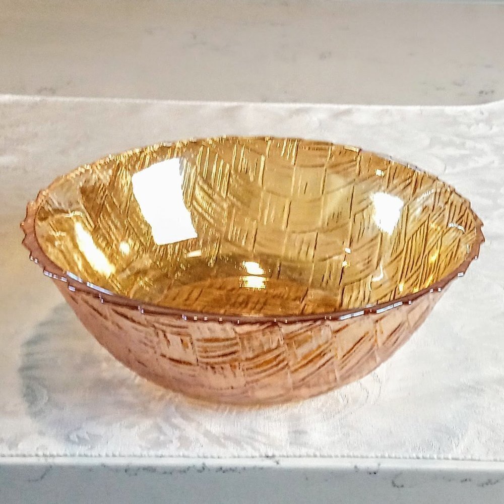 Vintage Indiana Glass Amber Basket Weave 9" Bowl
